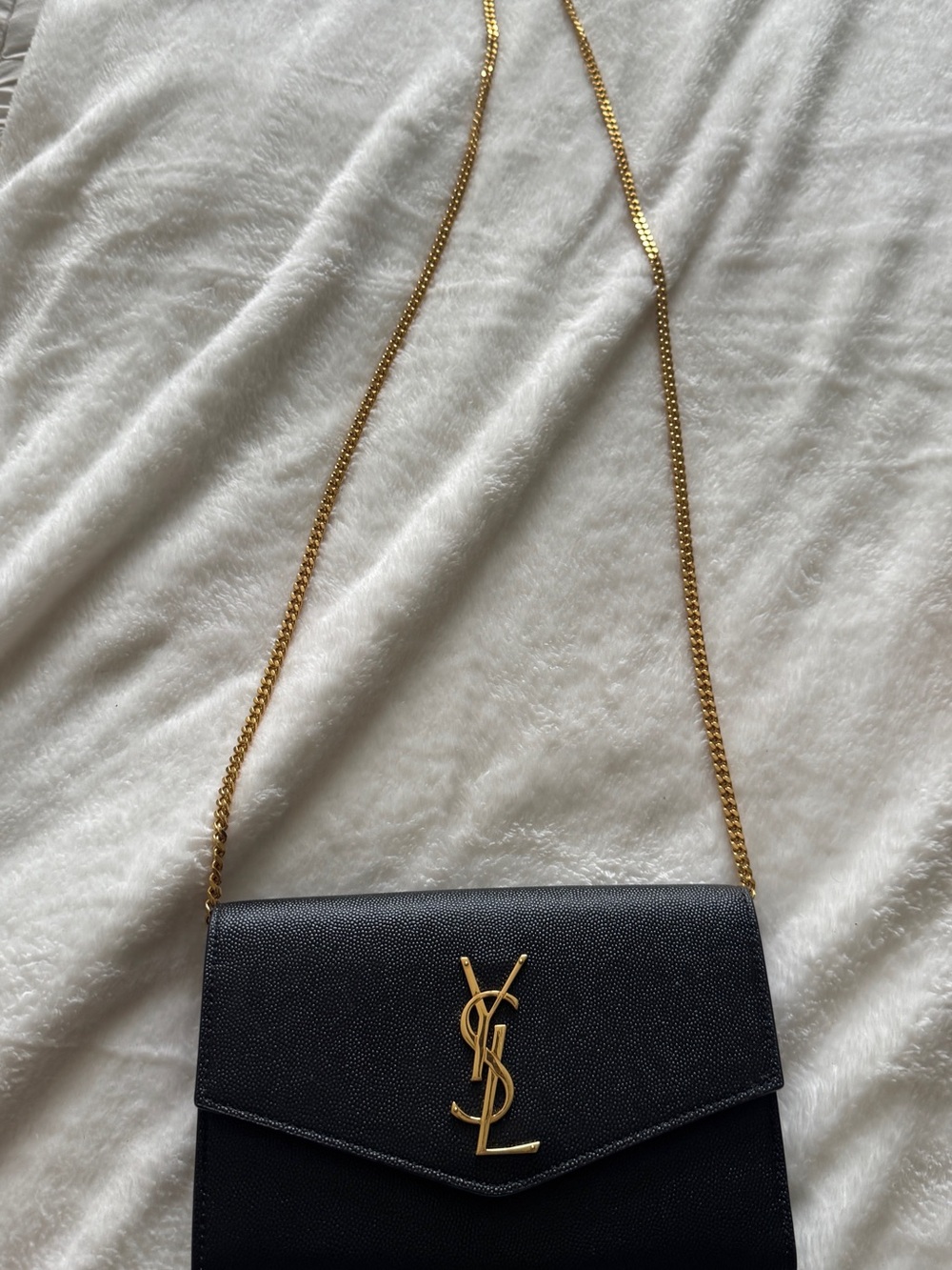 Saint Laurent Black Leather Envelope Wallet-On-Chain with Gold Hardware